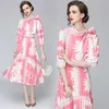 Runway Design Dames 2 Stuk Set Lente Mode Pink Print Bow Chic Shirt + Hoge Taille Plooited Midi Rokken Pak Vrouw 210519