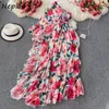Neploe Holiday Bohemian Print Dress Women High Waist Hip Sashes Asymmetrical Vestidos Summer Long Sleeve Robe Mujer 210510