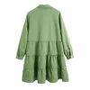 Spring Green Blouses Dress Woman Double Pockets Cascading Ruffles Mini Female White es 210421