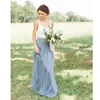 2021 Vintage Two Tone Bridesmaid Dresses Country Wedding Maid of Honor Dresses Scoop Neck A Line White and Dusty Blue Tulle Long Formal Gowns