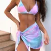 Sexig Tie Dye med Sarong Bikini Kvinna Baddräkt Kvinnor Badkläder Tre-bitar Bikini Set Bather Bathing Suit Swim Lady Wholesalex0523