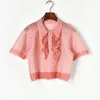 ピンクの薄いシースルーフラワーニットブラウス甘い新鮮なかわいいパッチワークボタンデザイン夏のセーターエレガントな女性トップ210525