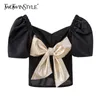 Casual Black Patchwork Bowknot Shirts For Women Square Collar Puff Short Sleeve Hit Color Blouses Female Style 210524
