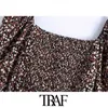 Traf Women Fashion Floral Print Croped Blue Vintage Puff Sleeve Back Elastic Female Shirts Blusas Chic Tops 210415