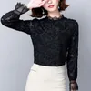 Kadın Bluz Gömlek Moda Kadınlar 2022 Bahar Kore Giyim Siyah Uzun Tops Dantel Eklenmiş Katı Standı Flare Kol Artı Boyutu Blusas 62