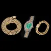 D&Z 3Pcs/ Lot Cuban Link Chain + Watch+Bracelet Hip Hop Gold Iced Out Paved Rhinestones CZ Bling Rapper For Men Jewelry X0509