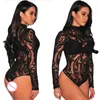 Sexy Bodysuit сетки ясных черных кружева цветочный узор с длинным рукавом водолазка Bodycon Slim женщин ткань плюс размер S-XXL женские комбинезоны компенсирует комбинацию