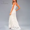 Sommar Eleganta Kvinnor Lång Party Spaghetti Strap Sexig Backless White Lace Maxi Dress 210415