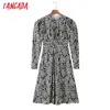 Spring Fashion Women Flowers Print Tunic Zipper Puff Long Sleeve Office Ladies Midi Dress SL125 210416