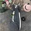 Урожай женское платье летнее полоса сращивание стройное сексуальное трикотажное платье без рукавов спагетти ремешок сплит верелок платье Vestido 210521