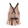 Ladies Tops Beige Ruffle Backless Crop Top Women Blouses Summer Contrast Thin Strap Woman Blouse Female 210430