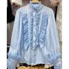 Moda primavera outono blusa feminina de gola alta com babados patchwork strass miçanga manga longa camisa de cetim SMLXL