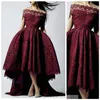 2021 Burgundy Lace Ball Gown Prom Dresses Dubai Saudi Arabia Off-shoulder High Front Low Back occasion dresses Evening Dress Gowns