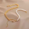 Fashion Jewelry 18K Gold Plated Geometric metal chain splicing Natural Frhwater Pearl Necklace for Christmas