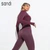 Outfit Yoga Sandi 2 sztuk / Zestaw Bez Szwu Zestaw Kobiety Dres Siłownia Odzież Długi Rękaw Crop Top Running Legginsy Odzież sportowa Odzież roboczy