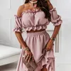 Summer Elegant Ruffled Backless Dress Set Women Fashion Puff Sleeve Axevless Elastic Two Pieces Ladies Maxi Dresses Robe Femme 220221