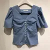 Camicia a quadri estiva fresca Donna Camicette corte Moda coreana Puff Manica corta Donna Crop Top Camisas Mujer 210514