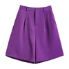 Pantalones cortos de pierna ancha de cintura alta para mujer, pantalones cortos holgados informales de moda de verano, traje con cinturón morado de talla grande