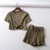 Kvinnor Två Piece Set Sexig Vit Twist Ribbed Crop Top + Drawstring High Waist Biker Shorts Kvinnor Tracksuit Summer Womens S 210521