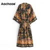 Bohème imprimé fleuri long Kimono femmes manches chauve-souris robes de plage été col en V ceintures Robe Robe Vestidos 210413