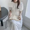 Korejpaa Women Dress Summer Korean Gentle Temperament Navy Collar Single-Breasted Drawstring Design Puff Sleeve Vestidos 210526