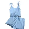 Summer pajamas suit lace-up bow-knot halter top with thin straight shorts two-piece sets contrast color ruffles female 210420