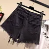 Women Plus Size Denim Shorts Solid Pocket Hole Jeans Black Wide Leg Casual Sexy Summer Booty Womens