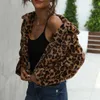 FORIDOL LeopardプリントFAUXファーテディベアショートコートジャケット女性秋冬ジッパーポケットコートウインドブレーカーふわふわコート210415