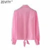 Women Fashion Solid Color Hem Bow Tied Casual Smock Blouse Female Puff Sleeve Pocket Shirt Roupas Chic Blusas Tops LS9162 210416