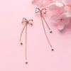 Simple Rose Gold Color Bowknot Long Tassel Swing Drop Earrings For Women Sterling Silver 925 Dangle Earring Charm Jewelry 210707