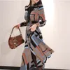 Runway Designer Geometric Printed Maxi Dress Women Spring Retro Bow Long Sleeve Fashion Ladies 210519