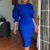 Kobiety Bodycon Dress O Neck Office Damskie Ruffles Work Wear Wear Halter Lantern Rękawy Wysoka Talia Elegancka Klasyczna Pakiet Hip Afryki 210416