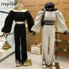 Neploe Loose Causal Slim 2 Pcs Women Set Slash Neck Shoulder Strapless Long Sleeve Top + High Waist Hip Straight Pant Solid Suit 210423