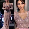 2022 Sexy Rosa Dubai Aso Ebi Sequins Beaded Prom Klänningar för Arabisk Backless V Neck Illusion Evening Formell Party Andra mottagningstorkar Vestidos de Noiva EE