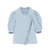 Beyaz Mavi Standı Yaka Katı Gömlek Puf Kısa Kollu Düğme Bluz Yaz Rahat Gevşek Kadın Fırfır B0558 210514