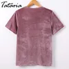 T Shirt Kvinnor Sommar Kvinnor Toppar Femme O Neck Kortärmad Krossad Velvet T-shirt Casual Tee Shirts för kvinna Tatari 210514