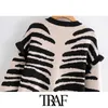 Moda donna Zebra stampa increspato ritagliata cardigan lavorato a maglia maglione vintage manica lunga femminile capispalla Chic Top 210507