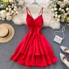 Neploe backless klänning kvinnor sexig v nacke spaghetti rem damer vestidos sommar elegant smal midja ruffle klänningar femme 210423