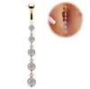 Stainless Steel Zircon Long Dangle Round Rhinestone Navel Belly Ring Button Bar Barbell Rings Piercing Reverse Jewelry