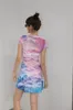 Designer Mesh Estate Bodycon Dress Dress Donne Donne Pink Cloud Stampa Stand Collar Manica Corta Tight Mini High Fashion 210427