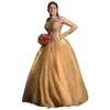 2022 guld spets organza prom klänningar fomral kvinna strapless applique beaed a-line quinceanera klänning plus storlek speical tillfälle