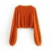 Vintage chic orange faux mink beskurna cardigans kvinnor mode o-hals singel breasted tröja casual kvinnliga toppar 210520