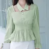 Casual elegante solide geplooide blouse herfst bladerdeeg lange mouw chiffon shirt voor vrouwen roze trui dames tops 11044 210415