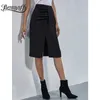 Ruched Front Split Midi Skirt Kvinnor Svart Zip Back High Waist S Elegant Sexig Office Lady Summer 210510