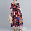 Übergroße Frauen Baumwolle Leinen Lange Kleider Neue Ankunft Sommer Vintage Stil Oansatz Druck Lose Weibliche Casual Kleid S3239 210412