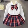 Girl Dress Princess Es Class Uniforms Kids Girls Bow T-shirt + Plaid Barn Kostym Kläder 2PCS 210429