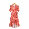 Casual Woman Red Irregular Sashes Print Dress Summer Fashion Ladies Puff Sleeve Long es Female V Neck Beach 210515