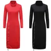 High Neck Autumn Women Casual Dress Side Zipper Up Split Sexy Party Dresses Long Sleeve Straight Vestidos tops 210607