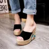 Women Slippers Summer Shoes Flower Platform Wedge Heel Kid Suede Peep Toe Super High Slides Ladies Sandals 39 210517