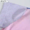 Zevity Women Sweet Patchworkストライププリントプリントピンクショートスモックブラウス女性裾ちょう結び抽選シャツシックな作物トップスLS9210 210603